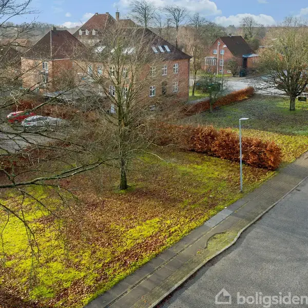 Gade med vejkryds og fortov omgivet af nøgne træer og græs. Flere røde murstenshuse ses i baggrunden under en klar blå himmel med spredte skyer.