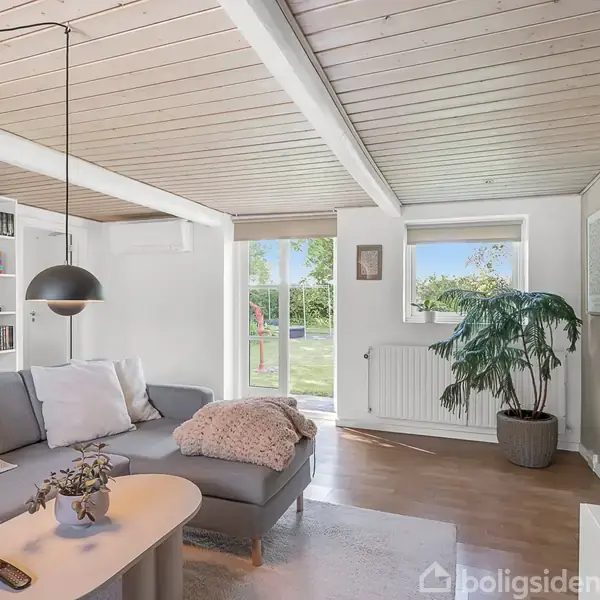 En moderne stue med en grå sofa, hviler under en sort hængelampe. Ved siden af står en grøn plante. Bagved er der en dør og et vindue, med udsigt til en have. Reolen er fyldt med bøger.