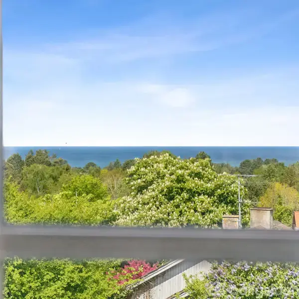 Udsigt gennem et vindue viser en have med frodige træer og buske i forgrunden. Havet strækker sig mod horisonten under en klar, blå himmel.