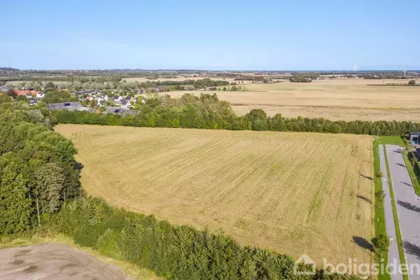 En gylden kornmark strækker sig ud i landskabet omringet af træer. I baggrunden ses en lille landsby og flere marker under en klar blå himmel.