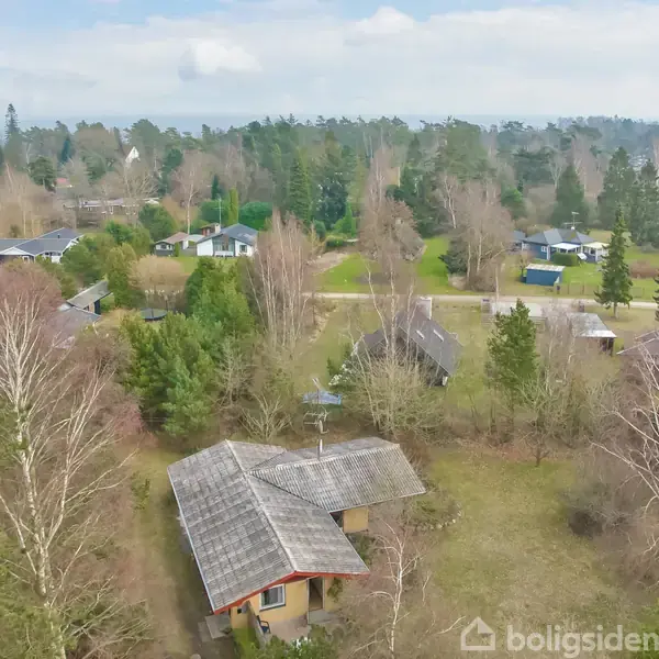 Et hus står stille i et grønt villakvarter omgivet af store træer og andre huse i baggrunden under en klar himmel.