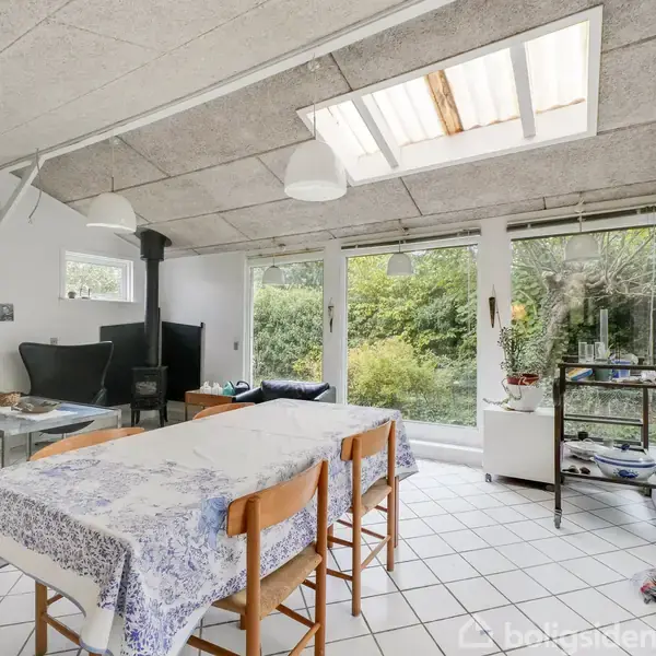 Skur, rodet med forskellige værktøjer og beholdere, står i et haveområde omgivet af grønne planter. Flisebelagt gangsti fører ind i skuret, hvor tag og vægge er af metal og træ.