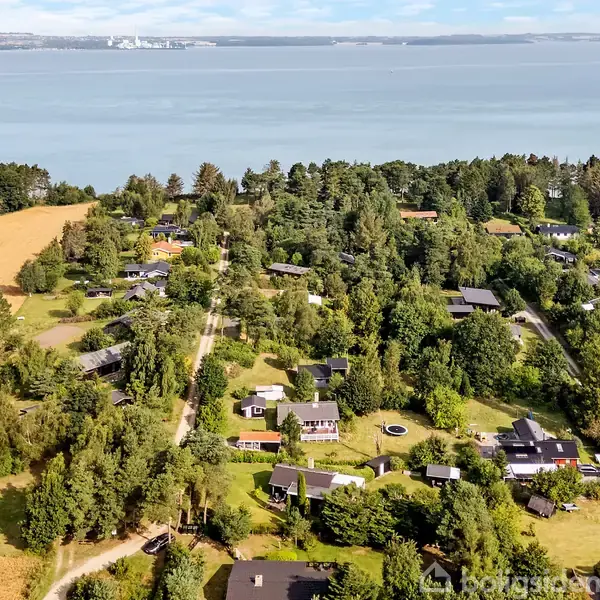 Landskabet viser et skovområde med flere spredte huse. En vej går gennem træerne. I baggrunden ses vandet og en industriel havn i horisonten.