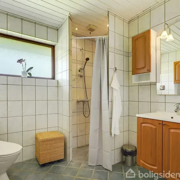 Badeværelse med hvidkaklede vægge, toilet, vaskeskab, spejl, og brus med forhæng. Vindue med blomsterdekoration og vasketøjskurv. Loft med spotlys, gulv med blå fliser.
