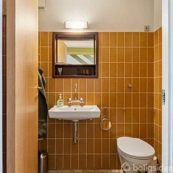 Vasken hænger på en væg i badeværelset med brune fliser. En spejl med hylde er placeret over vasken. Ved siden af er et toilet. En håndklædekrog og sæbedispenser ses også.