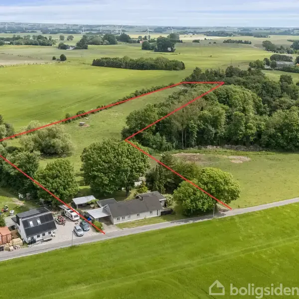Huse langs en vej er omkranset af grønne marker og skov. Røde linjer markerer en trekantet ejendom. I baggrunden ses åbne marker og spredte træer.