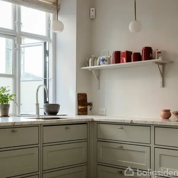 Køkken med lysegrå skabe står under et vindue, hvor en sort skål og grøn plante er placeret. Hylde med røde og hvide kander hænger på væggen over bordpladen.