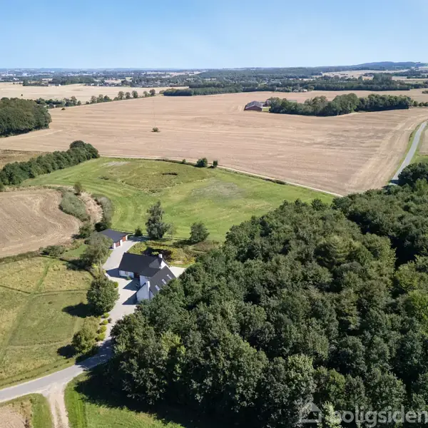 En ejendom med huse ligger ved en skov i et landdistrikt, omgivet af marker og en vej. Landskabet strækker sig mod horisonten med spredt vegetation.