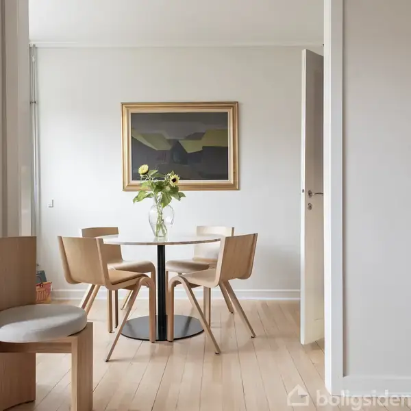 Et rundt glasbord med en vase blomster står i et rum med lyse træmøbler og en kunstmaleri på væggen. Trægulvet strækker sig gennem rummet.