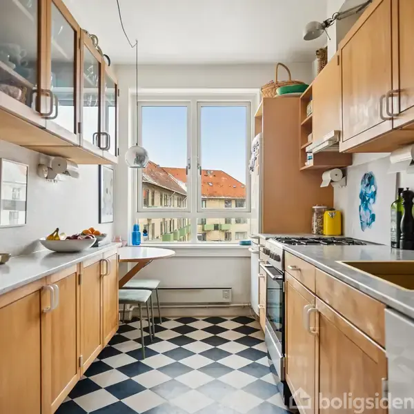 Et køkken med træskabe er fuldt udstyret, der foregår ingen handling. Detaljer omfatter en skakternet sort/hvid gulvbelægning og lyst dagslys fra et vindue, der viser et rødt tag.