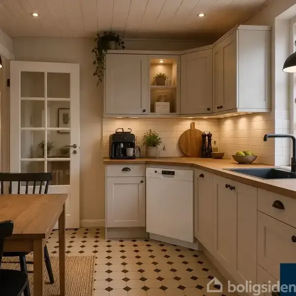 Et køkken med lyse træskabe og en sort vask. Et bord omgivet af stole står ved siden af en stor vindue. Tekst: "FORSLAG TIL RENOVERING".