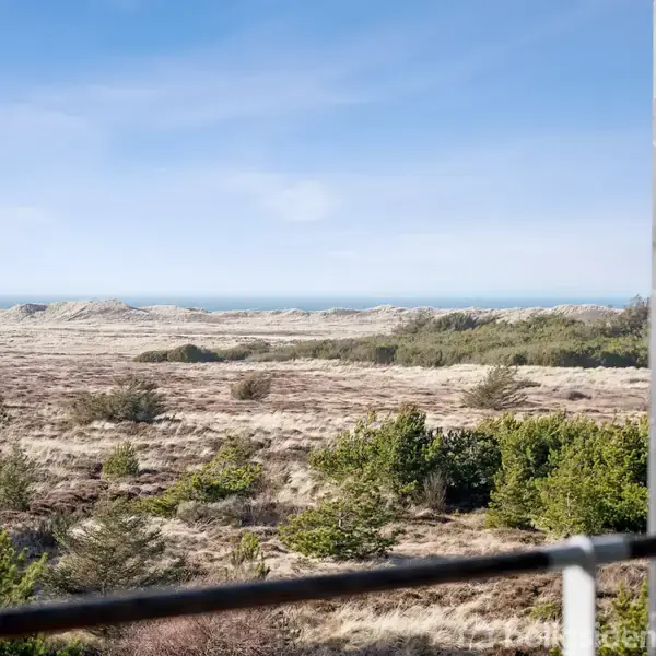 Et åbent landskab med græs, buske og spredte træer strækker sig mod en fjern horisont, hvor havet og klitter ses i baggrunden under en klar blå himmel.
