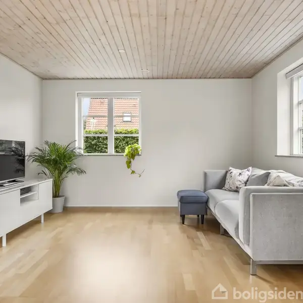 Stue med grå sofa, TV på hvidt skab. Trægulv og -loft. To vinduer giver naturligt lys, grønne planter tilføjer indretning, mens hvide vægge fremhæver rummets enkelhed.