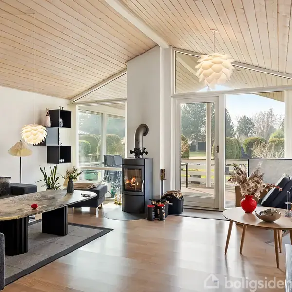 Sofa står i en moderne stue med brændeovn, der er tændt. Store vinduer giver udsigt til en have. Trægulvet og lyse lofter skaber en lys og hyggelig atmosfære.