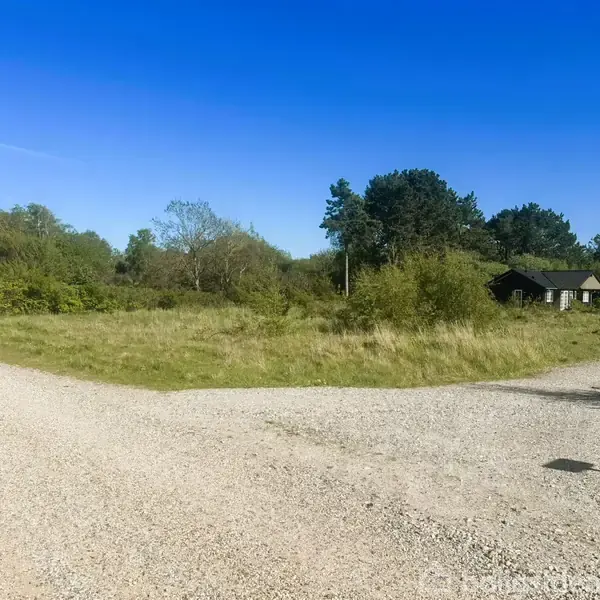 Grusvej danner en T-kryds, omringet af frodig natur og grønne træer. En lille sort/hvid bygning står til højre blandt buskene, under en klar blå himmel.