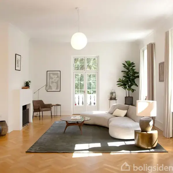 En lys stue med en hvid sofa står på et gråt tæppe. Et rundt bord er foran sofaen. Store vinduer og planter pryder rummet.