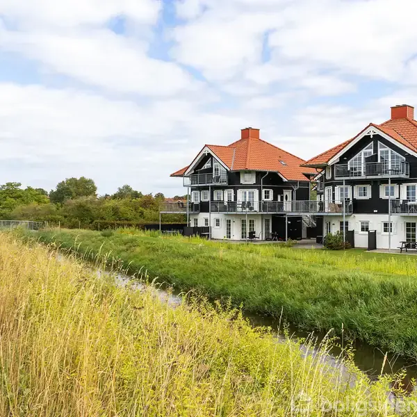 To huse med sort-hvide facader og røde tage står i et grønt landskab. En lille kanal løber forbi, omgivet af højt græs og buske under en blå, skyet himmel.