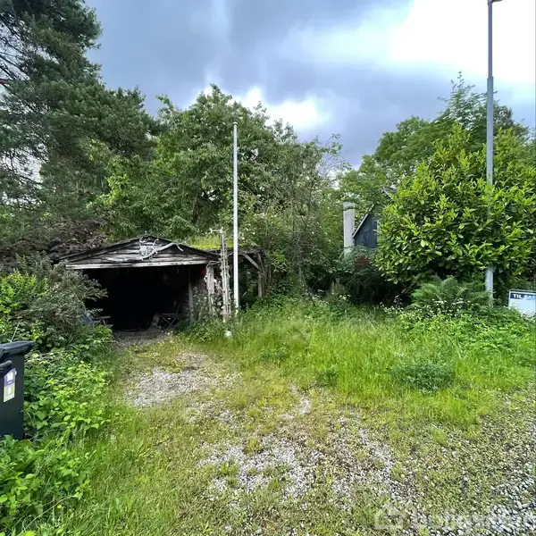En gammel garage er delvist skjult af overgroet vegetation, stående på en grusvej ved siden af et skilt med teksten "TIL SALG". Omgivet af tæt, grøn bevoksning og træer.