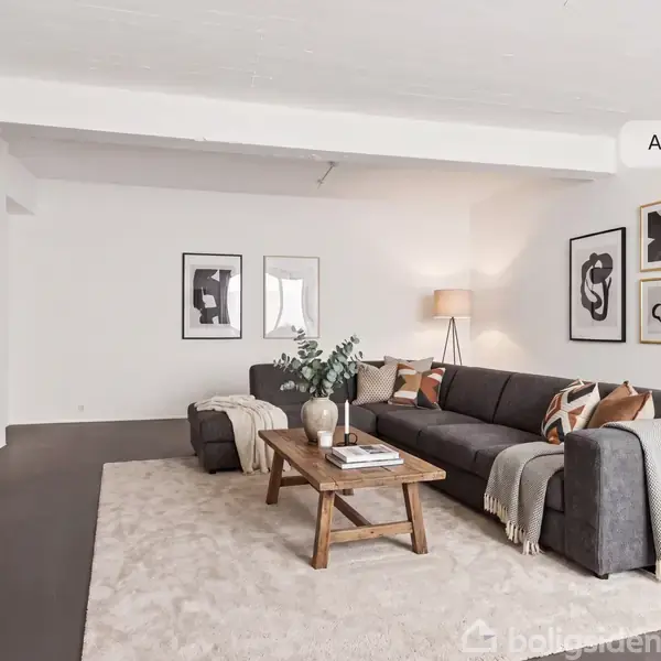 Stor, komfortabel grå sofa med tæpper i en moderne stue. Sofaen står på et lyst tæppe foran et sofabord. Væggen har kunstindrammede billeder. Tekst: "AI visualisering".