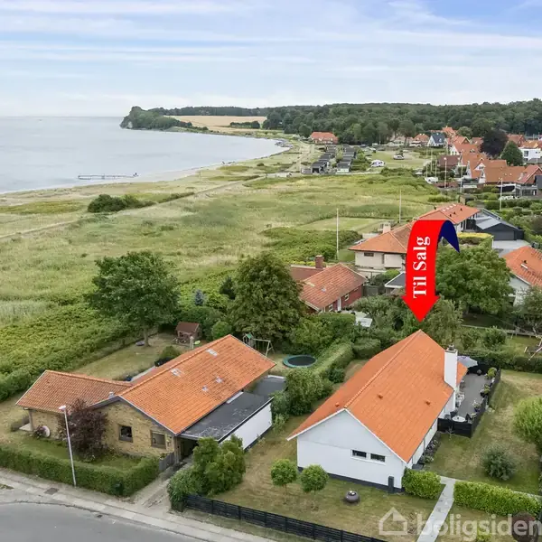 Hus med rødt tag er til salg, angivet ved en rød pil. Det ligger i en kystby med havudsigt, omgivet af lignende huse og grønne områder. Tekst: "Til salg".