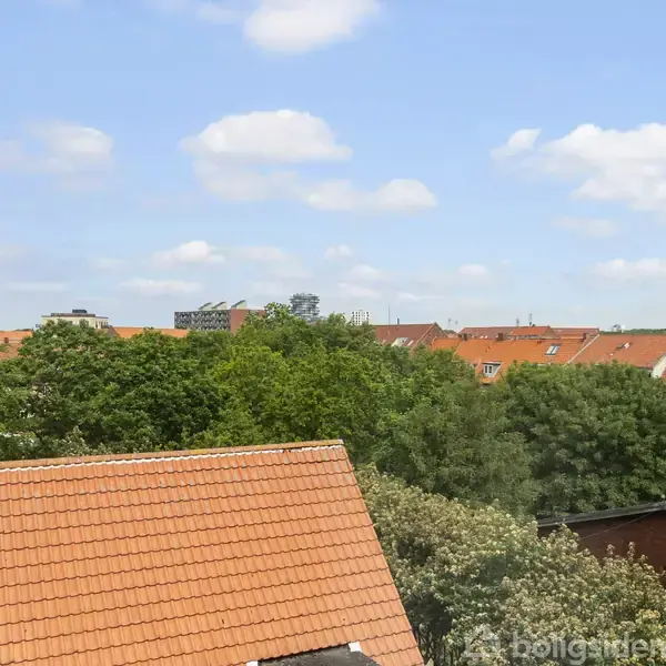 Røde tegltage dækker husene i et boligområde. Træer vokser tæt ved husene, og himlen er let skyet med blå udstrækning.
