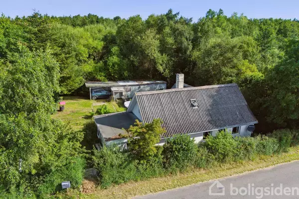 Hus med gråt tag står midt i frodig vegetation omgivet af træer; ved siden af findes en carport med biler. Vejen løber langs forhaven.