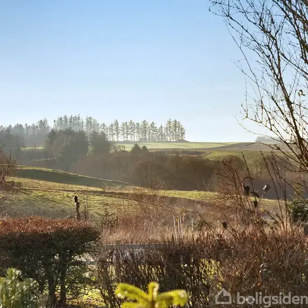 Et frodigt landskab strækker sig med grønne marker og træer i det fjerne. Sollys bader området i en klar blå himmel, omkranset af tætte buske.