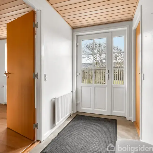En entré med en grå måtte på gulvet, hvide vægge og trædørkarme. En glasdør fører udenfor til en udsigt over en have med et hegn. En radiator står ved siden af døren.