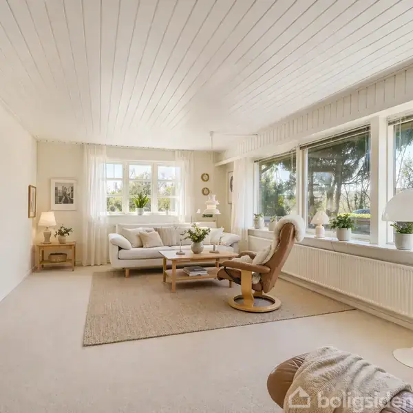 Stue med hvide vægge og loft. Møbler inkluderer en beige sofa, lænestol og sofabord. Store vinduer giver udsigt til haven. Grønne planter dekorerer rummet, der har lyst tæppe.
