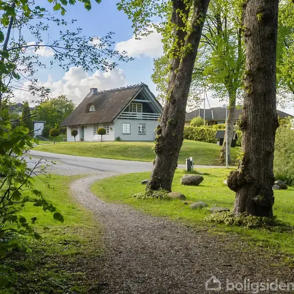Hus med stråtag står ved siden af en brolagt sti omkranset af træer og græs. I baggrunden ses en blå himmel med spredte skyer.
