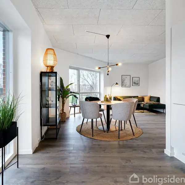 Spisestue med rundt bord og fire stole på tæppe, omgivet af moderne indretning som reol, planter og hængelampe, set fra en altandør.