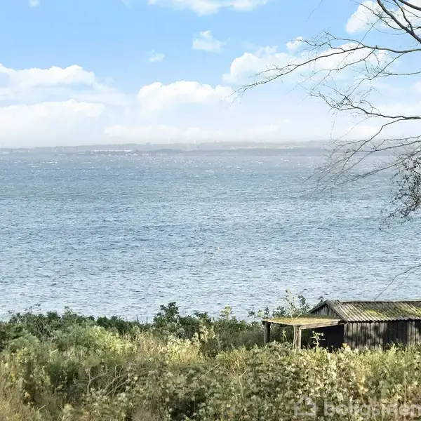 En lille træbygning står stille blandt tætte buske ved en stor, rolig sø. Ovenfor er himlen skyet med store, hvide skyer. En gren hænger ind i billedet fra højre side.