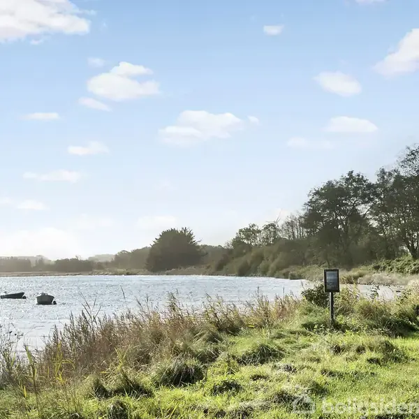 En græsplæne strækker sig langs en søbred, hvor tre små både flyder. Skov trækker sig langs vandkanten under en klar, blå himmel.