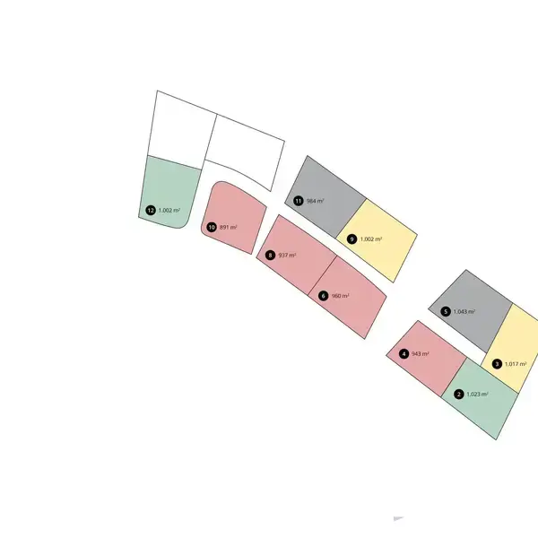 Flere farvede jordlodder vises med forskellige størrelser angivet i kvadratmeter: 1.086 m², 960 m², 741 m², 957 m², 1.092 m², 1.024 m², og 1.251 m². Områderne er adskilt i et skematisk layout.