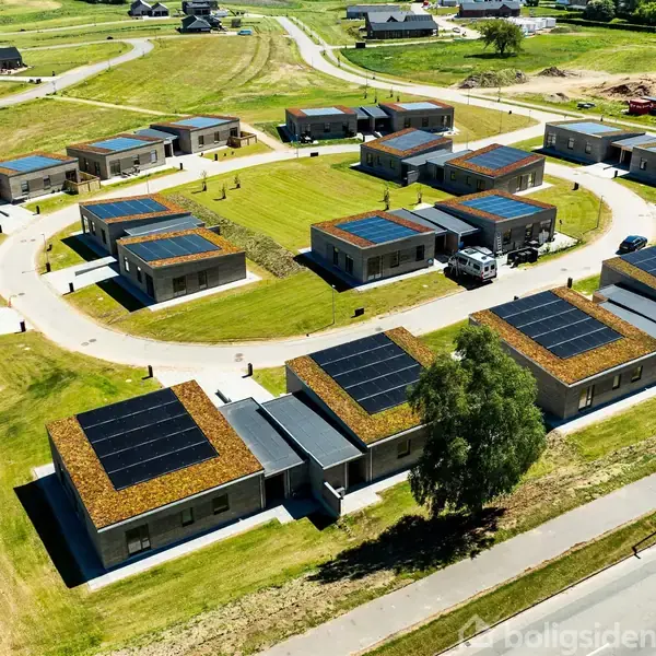 Et boligområde bestående af moderne, flade tage med solpaneler. Husene er arrangeret i en cirkel omkring et grønt fællesareal. Der er græsplæner og stier i omgivelserne. Tekst: "EDC".