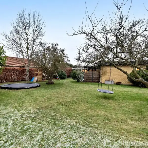 Trampolin og gynge i en snedækket have. Træer uden blade omgiver området. En gul murstensbygning ses i baggrunden, og en blå rutsjebane er ved trampolinen.