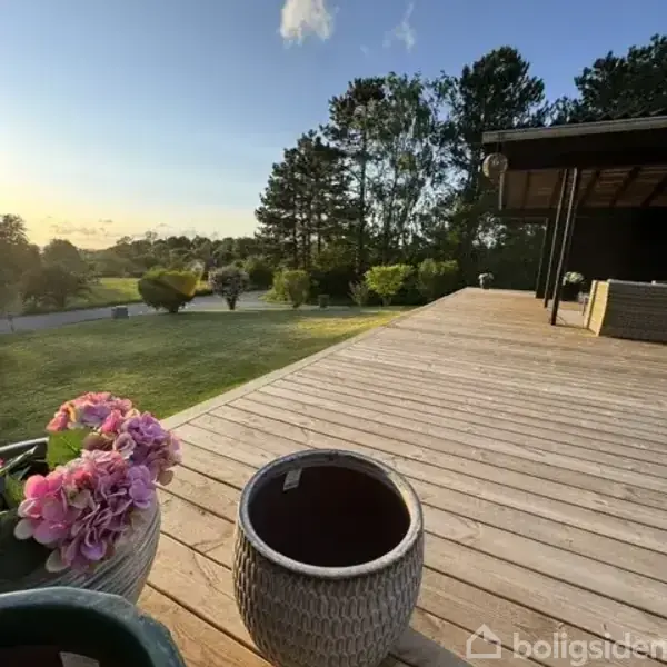 Terrasse med trædæk, prydet med lyserøde blomster i forgrunden og en tom krukke. En rolig have og træer er synlige i baggrunden under en klar himmel ved solnedgang.