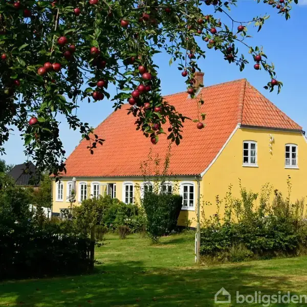 En gul bygning med rødt tegltag står blandt frodig vegetation. Et æbletræ med modne røde æbler ses i forgrunden under en klar blå himmel.