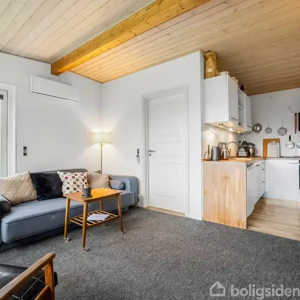 En stue med en grå sofa og lampe står ved siden af et sofabord. I baggrunden er et køkken med hvidt skab og komfur. Store vinduer giver udsigt til en have.