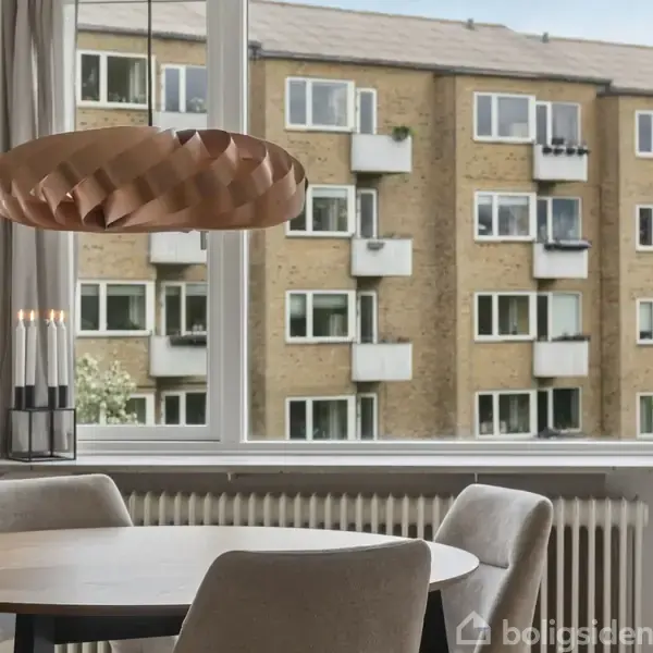 Lampe hænger over et rundt spisebord med stole i en lys stue. Store vinduer viser et udsyn til en brun murstensbygning med hvide altaner udenfor.