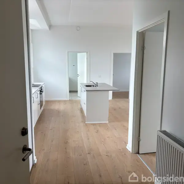 Køkken med hvidt interiør indeholder en kogeø og ovn. Trægulve og hvide vægge skaber en moderne atmosfære. Døre fører til tilstødende rum, radiator langs væggen.