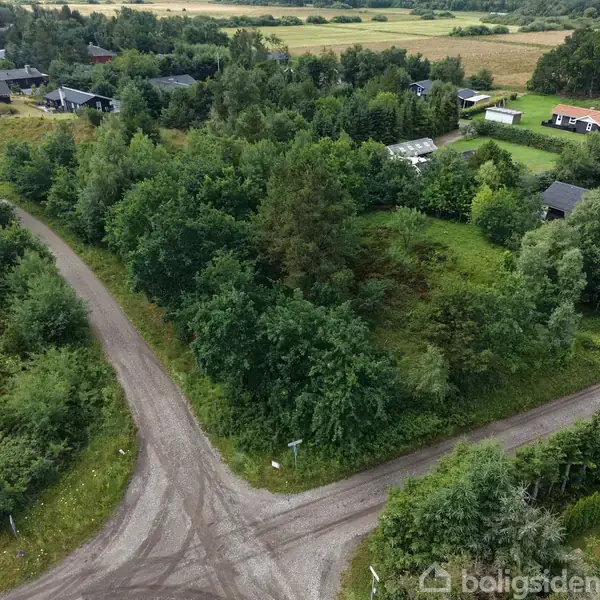 Luftfoto viser et skovklædt grundstykke i et landligt område med grusveje, omringet af huse og marker.