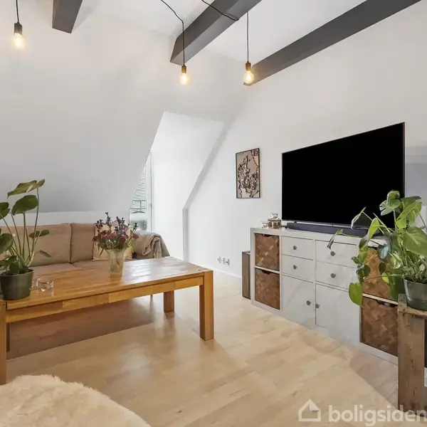 En stue med en stor sofa og et træbord prydet med planter. Fjernsynet står på en kommode. Loftet har synlige bjælker, og rummet er lyst med lyse trægulve.