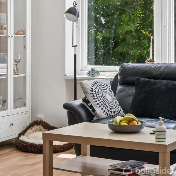 En sort lædersofa med dekorative puder står i et lyst stuehjørne. Foran sofaen er et træbord med en skål frugt og håndsprit. Bøger ligger under bordet, og et skab indeholder glas og souvenirs.