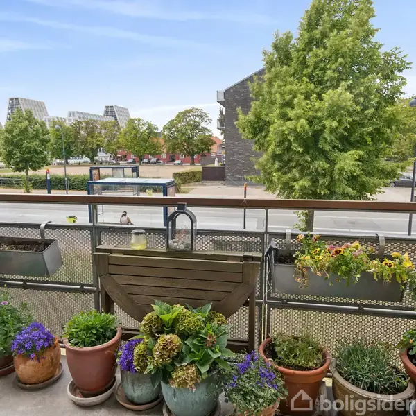 Blomsterkrukker står på en balkon med udsyn til en gade. Aktion: Planterne blomstrer. Kontekst: I baggrunden er der grønne træer, en busk og bygninger.