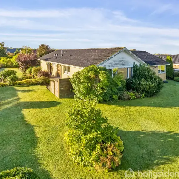 Et gult hus med mørkt tag står i en velplejet have med grønne buske og en græsplæne. Vejen til venstre er kantet med flere træer under en blå himmel.