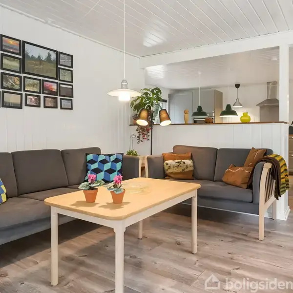 Stue med to grå sofaer og et træbord i midten. Sofabordet har blomsterkrukker. Væggen har en collage af billeder. Køkkenet ses i baggrunden med lamper og planter.