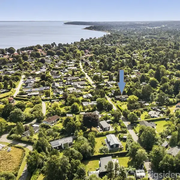 Et landområde med boligområder, markeret med en blå pil midt i billedet, set fra oven. Skoven og kystlinjen strækker sig mod horisonten, omgivet af frodig vegetation.