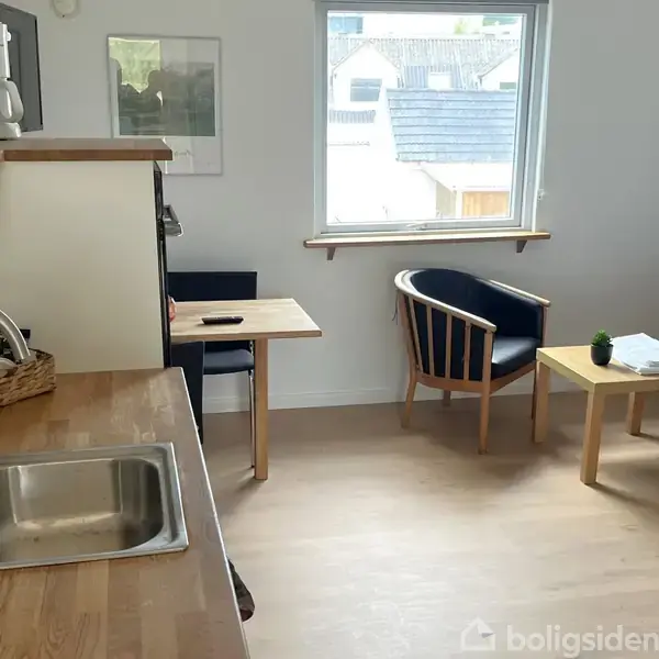 Et lille køkken med en håndvask til venstre og bordplade. En kaffemaskine og stegepander står på hylden. I stuen ses en blå sofa, træstol, bord og vindue.