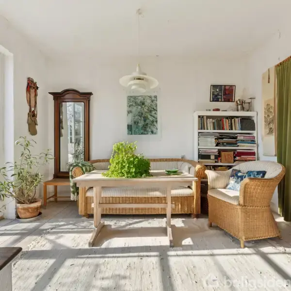 Et lyst rum med en spisebordgruppe, hvor der står en plante i midten af bordet. Til venstre er der store vinduer og planter, og til højre en bogreol.